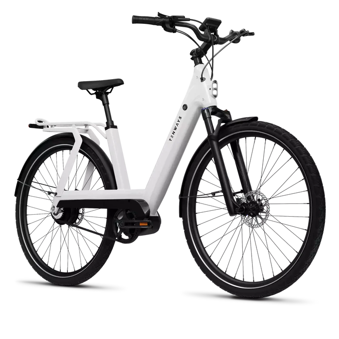 vélo électrique Tenways, moteur pédalier bafang 250w, dérailleur enviolo, suspension avant, tige de selle sur suspension